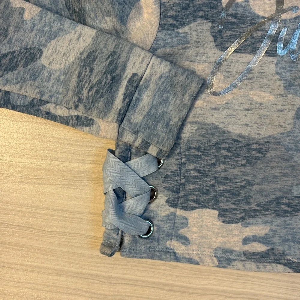 Girls Blue Camouflage Hoodie with Lace-Up Sides by Justice size 6